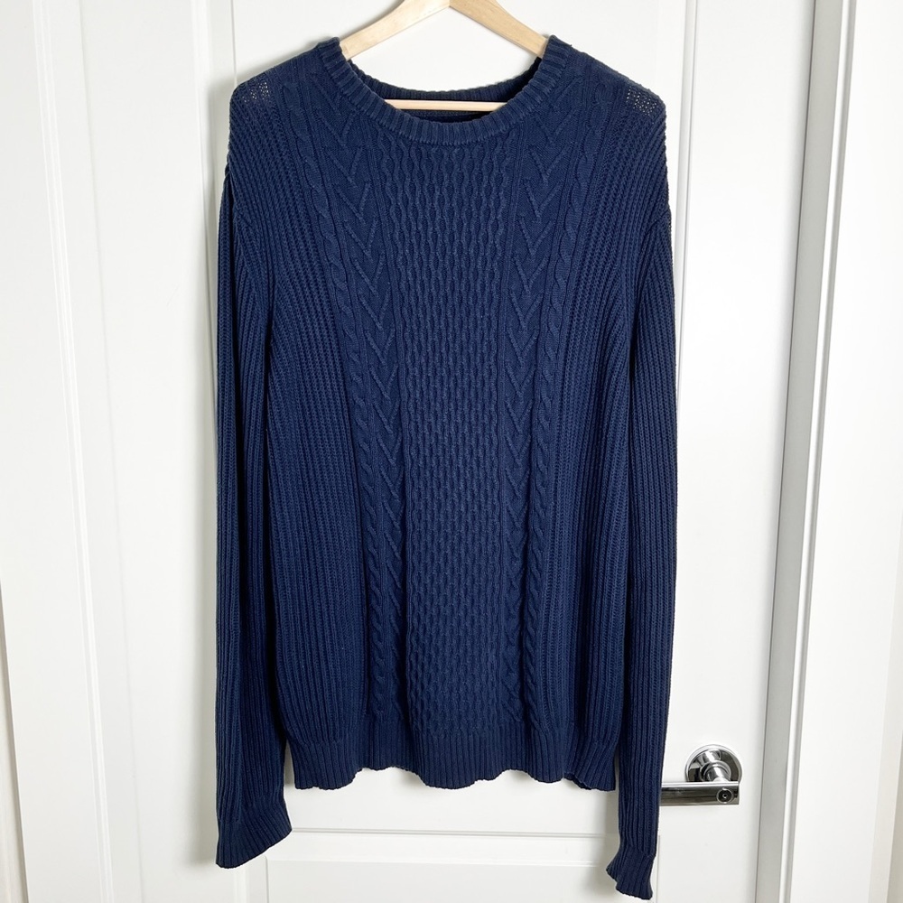 Buffalo David Bitton Navy Cable Knit Crewneck Sweater – 100% Cotton, XXL